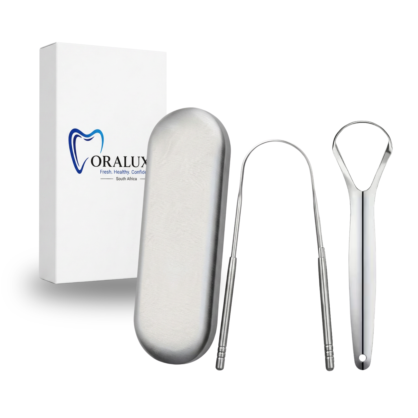 Oraluxe Stainless Steel Tongue Scraper Set — 2pc with Travel Case